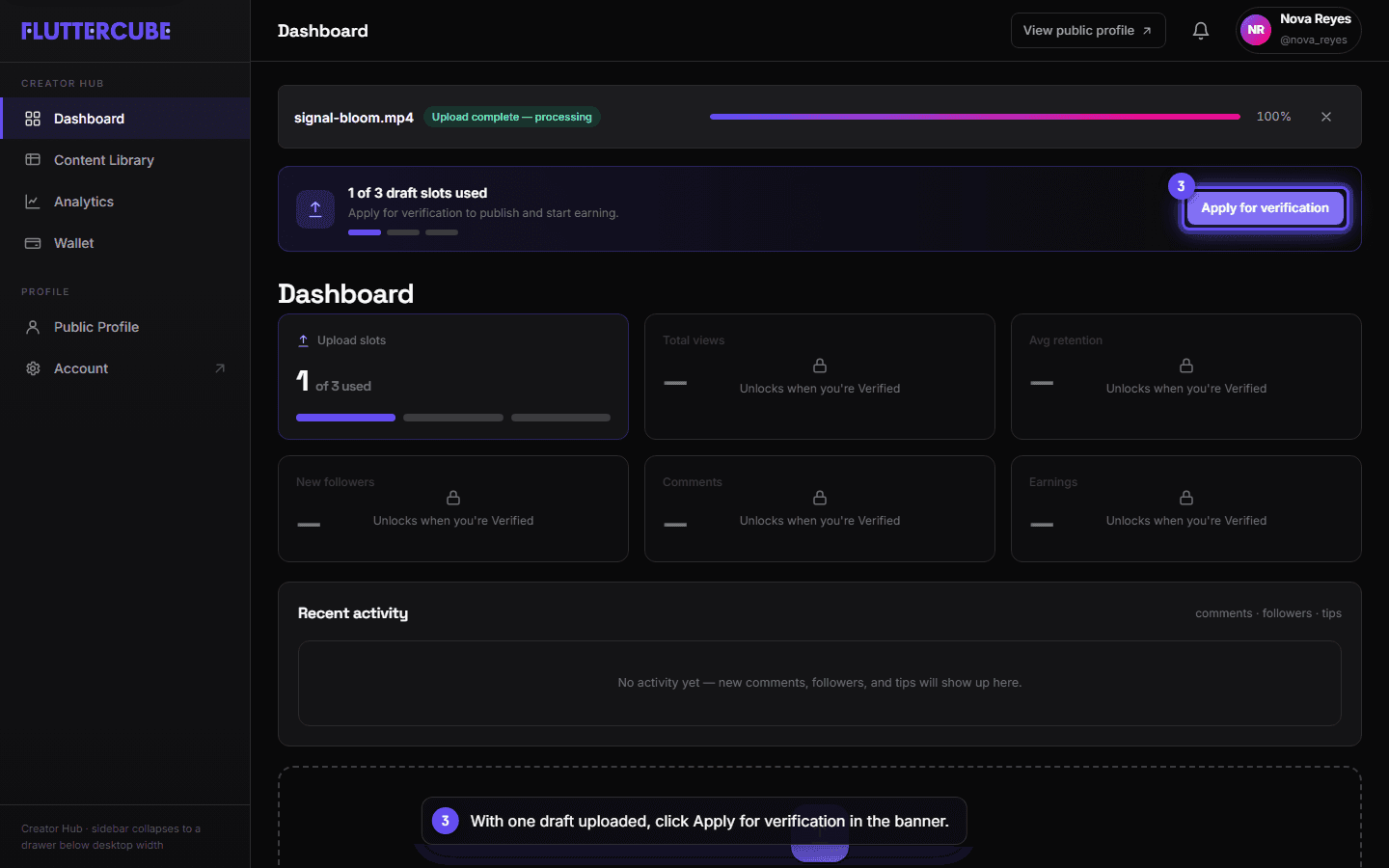 The draft slots banner reads 1 of 3 and the Apply for verification button is highlighted.