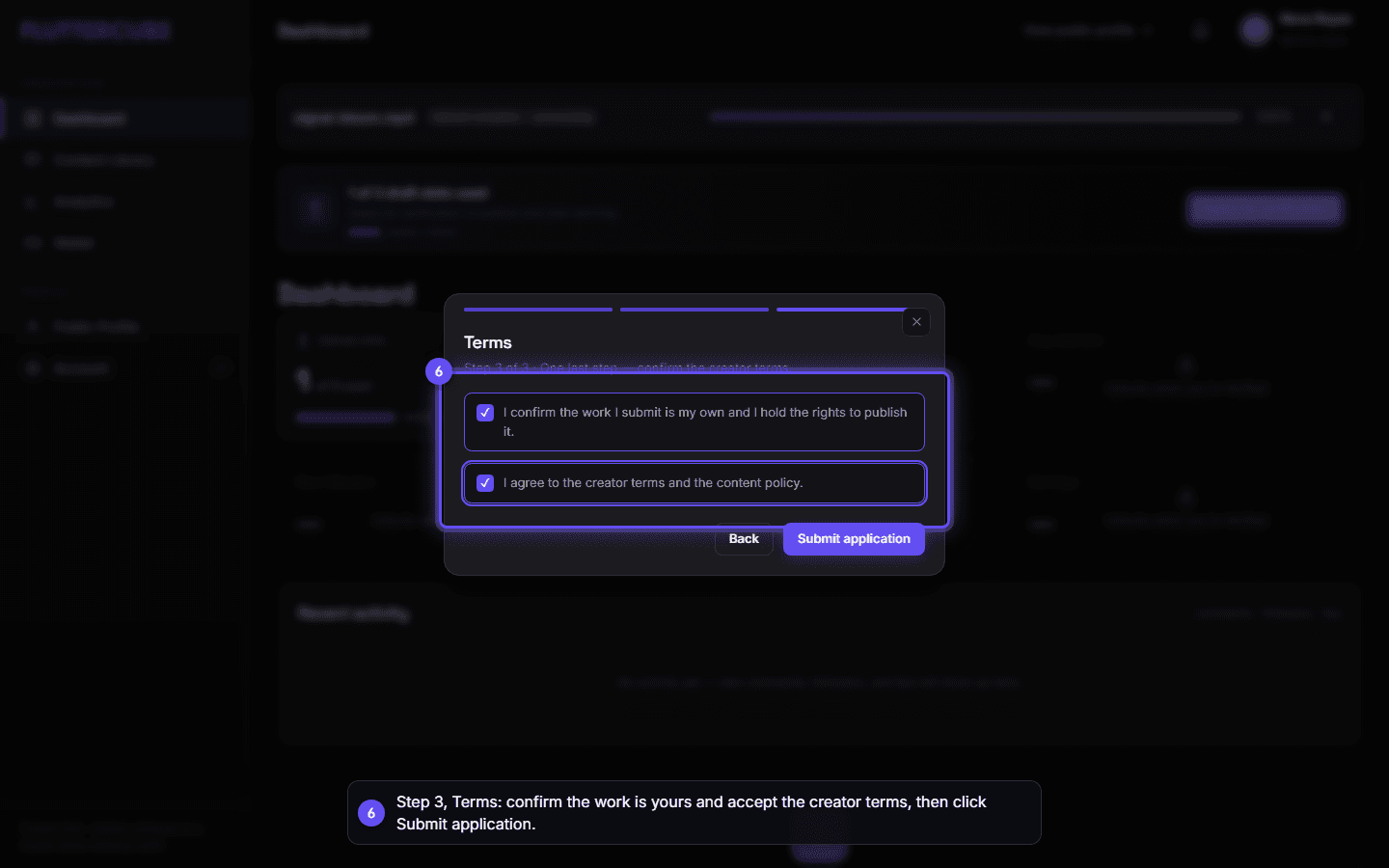 The Terms step with both checkboxes ticked and the Submit application button ready.