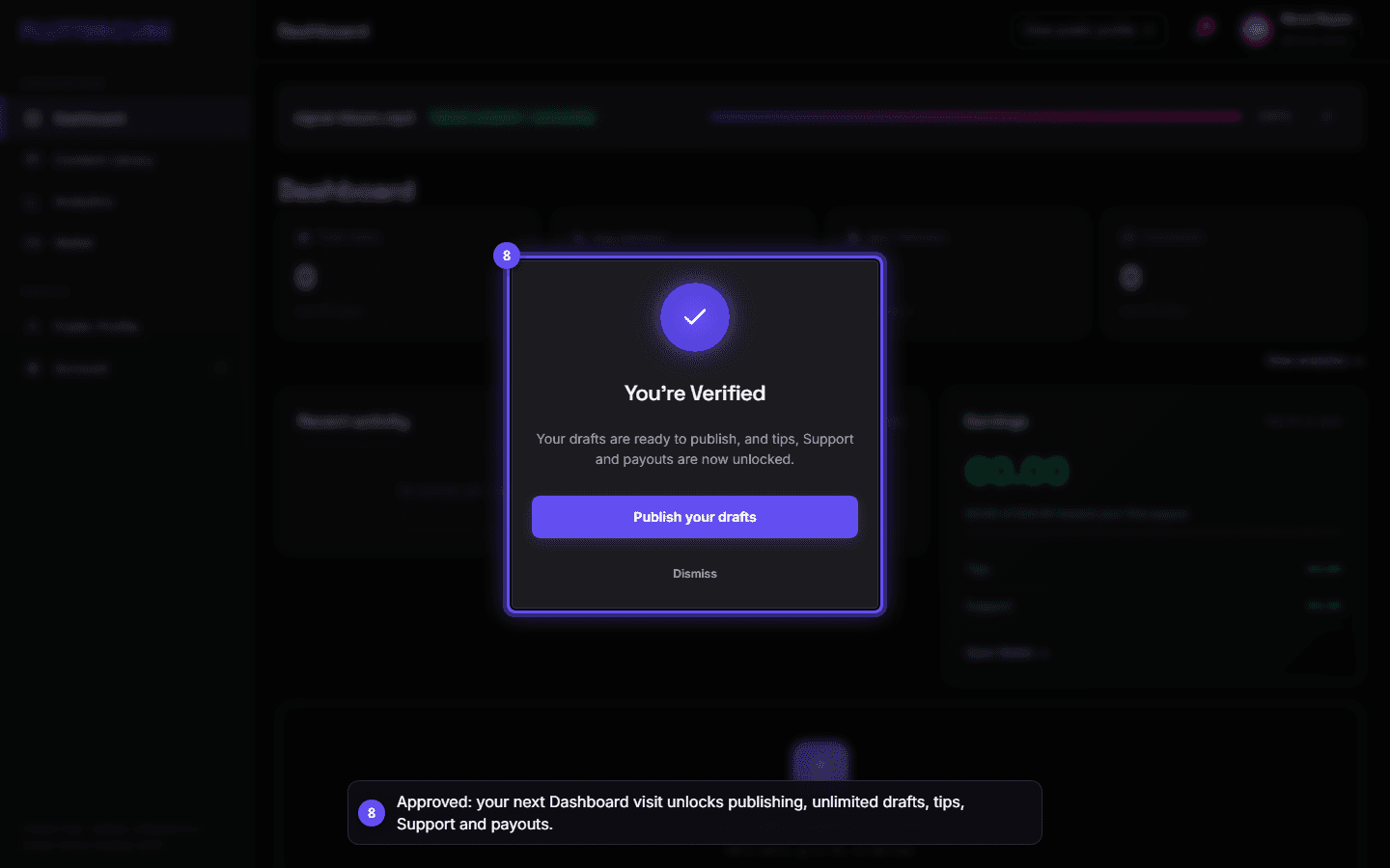 The You're Verified dialog over the unlocked Dashboard with its Earnings card.