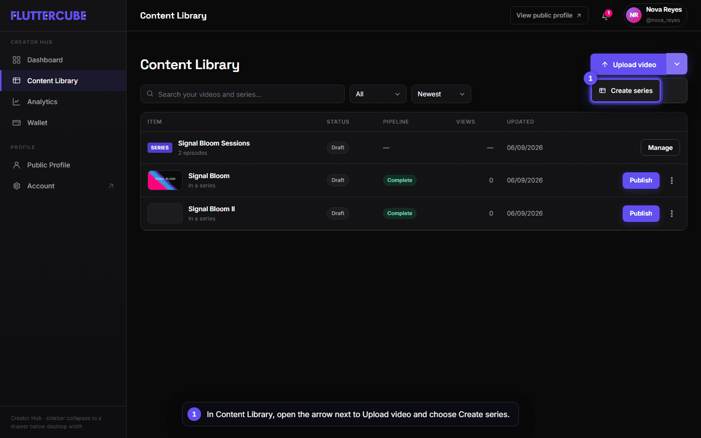 The Upload video split button opened, with Create series highlighted.