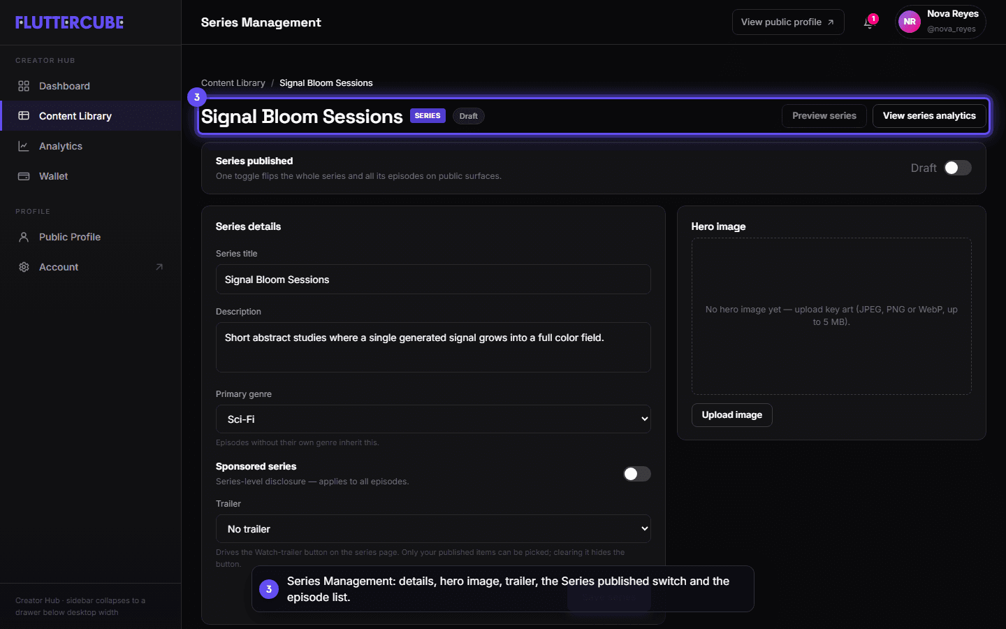 The Series Management page with the header highlighted above the Series published switch and the details form.