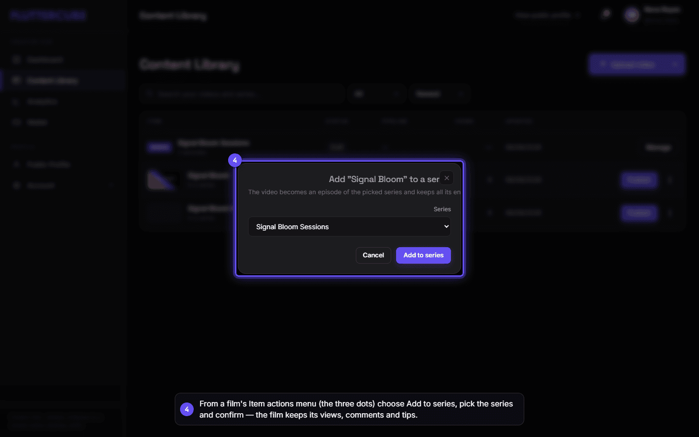 The Add to series dialog with the target series selected.