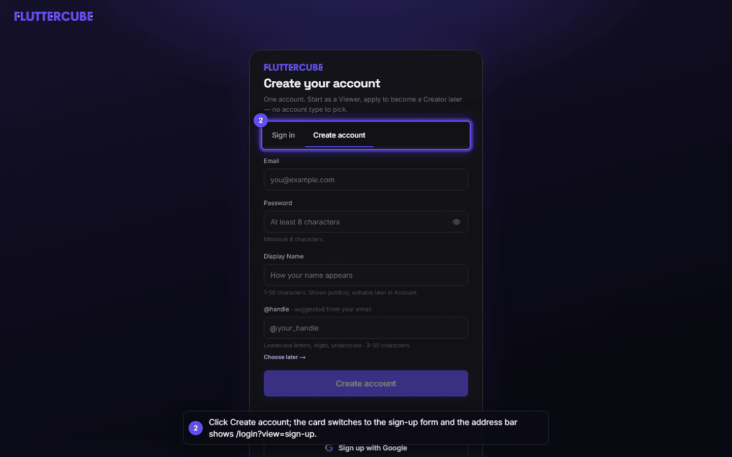 The Create account tab selected, with the four sign-up fields under it.