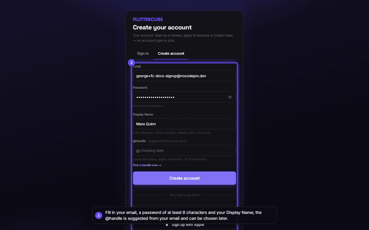 A completed sign-up form with the handle deferred and the Create account button ready to click.