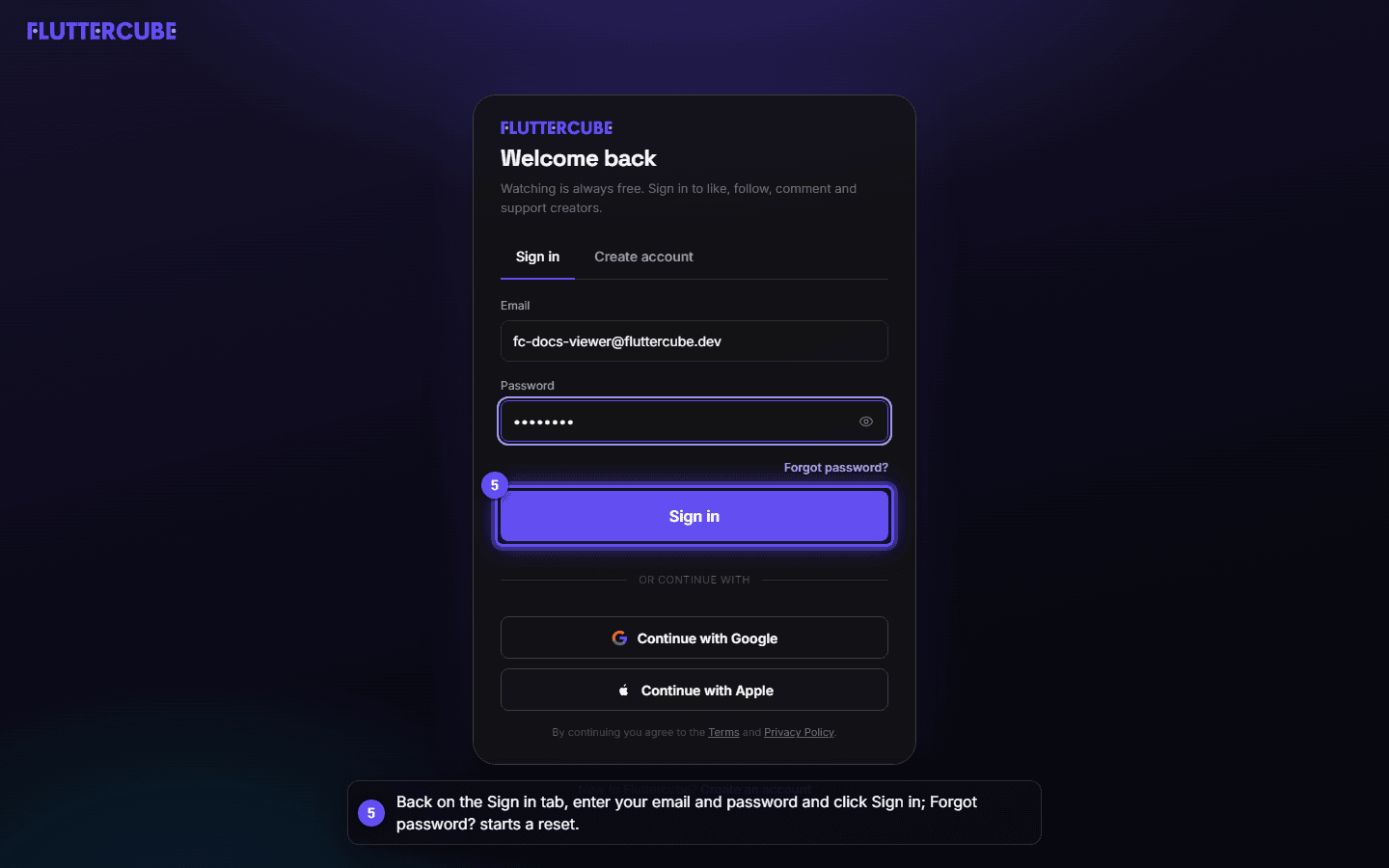The Sign in tab with both fields filled and the Sign in button active.