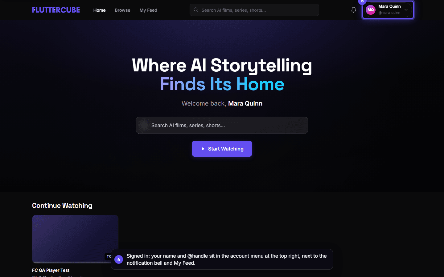 Home after sign-in: the account menu at the top right shows your name and @handle next to the bell.