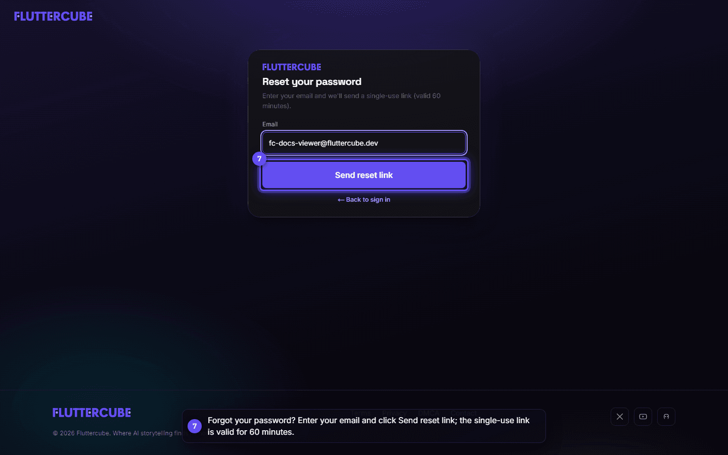 The Reset your password view with the email filled in and the Send reset link button.