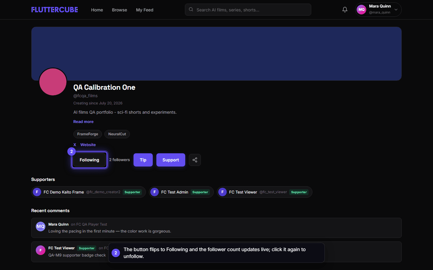 After the click the button reads Following in outline style and the count has moved from 1 follower to 2 followers.