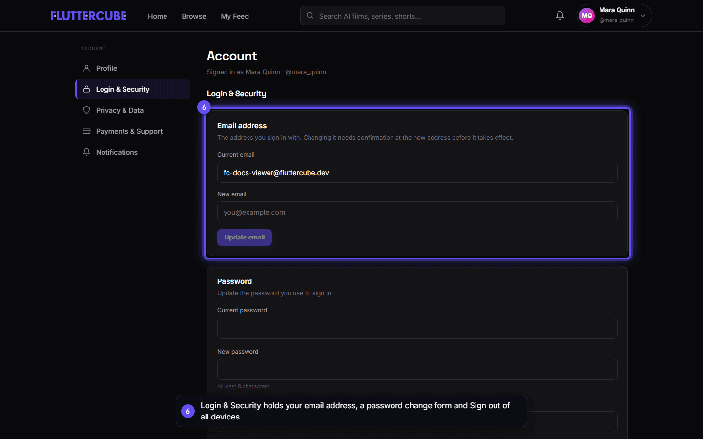 The Login & Security tab with the Email address card at the top and the Password card under it.
