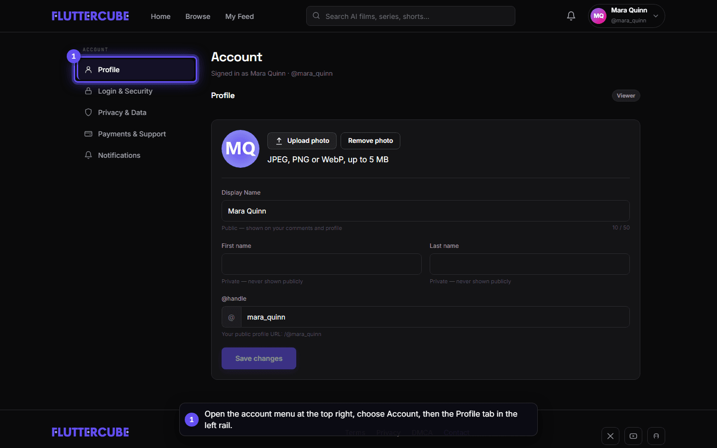 The Profile tab highlighted in the Account rail, with the profile card and its fields on the right.
