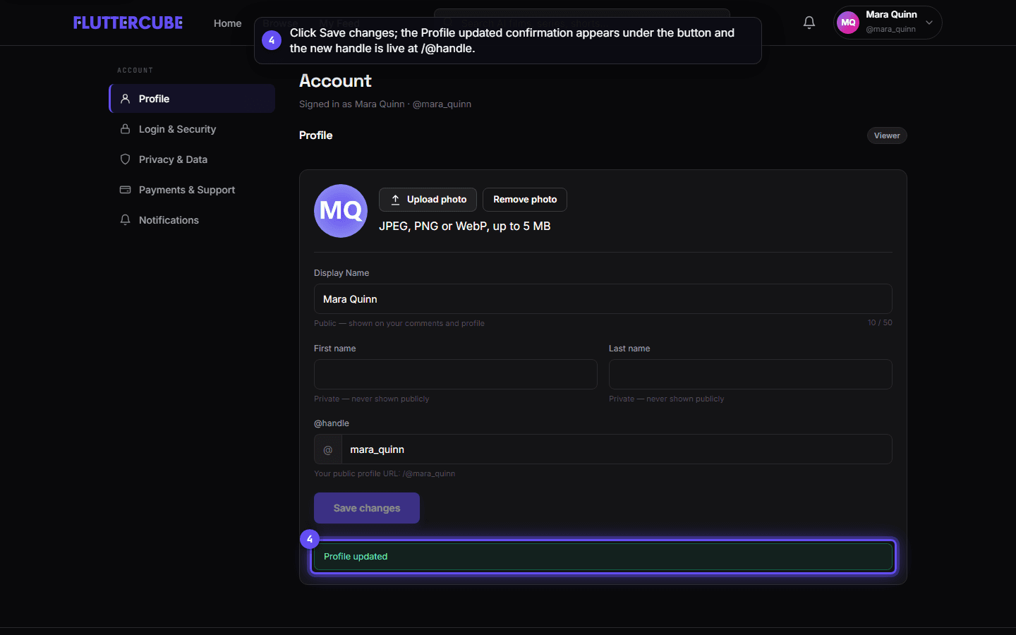The Profile updated confirmation under the Save changes button after the handle is saved.