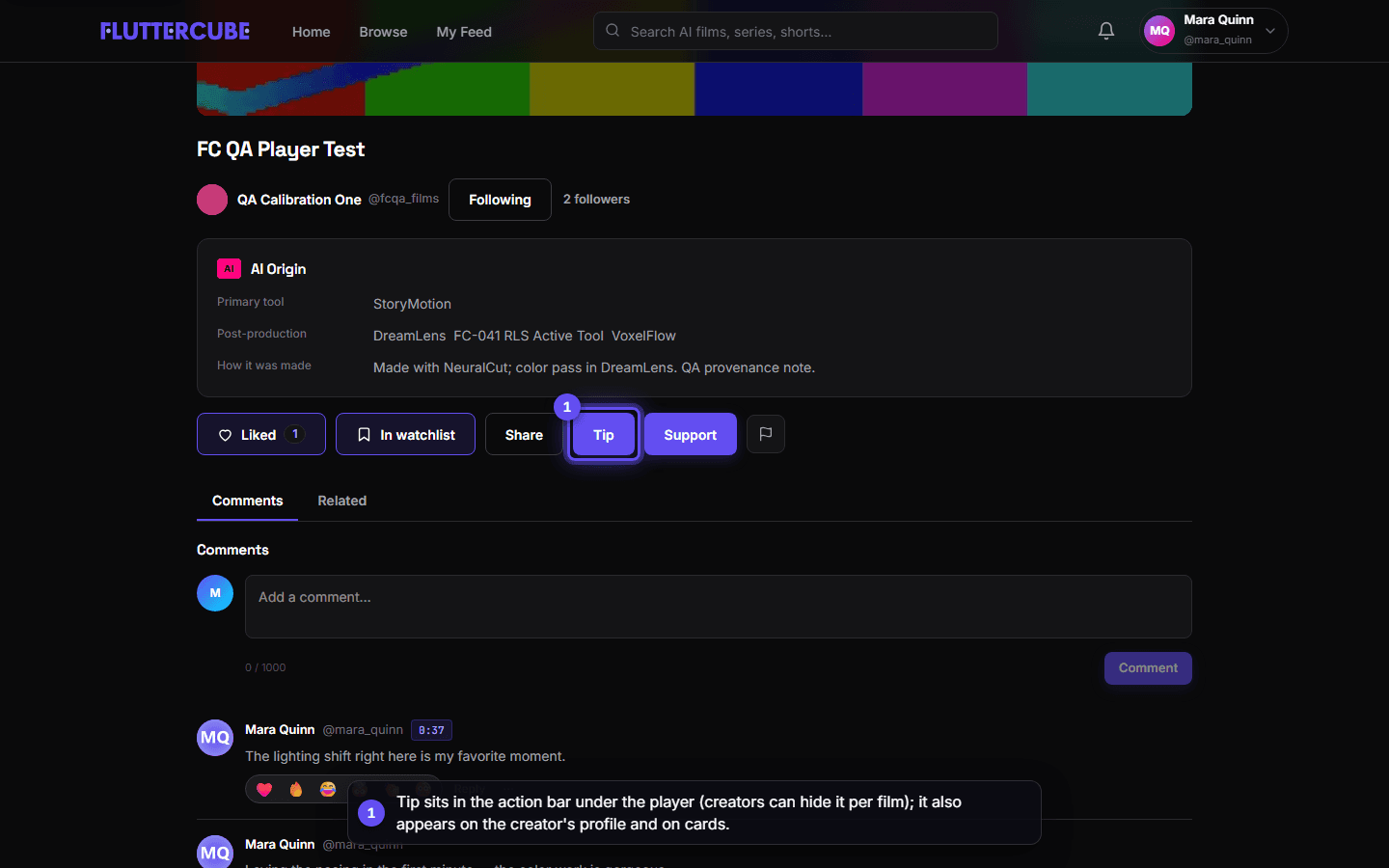 The Tip button sits in the action bar under the AI Origin panel, between Share and Support.