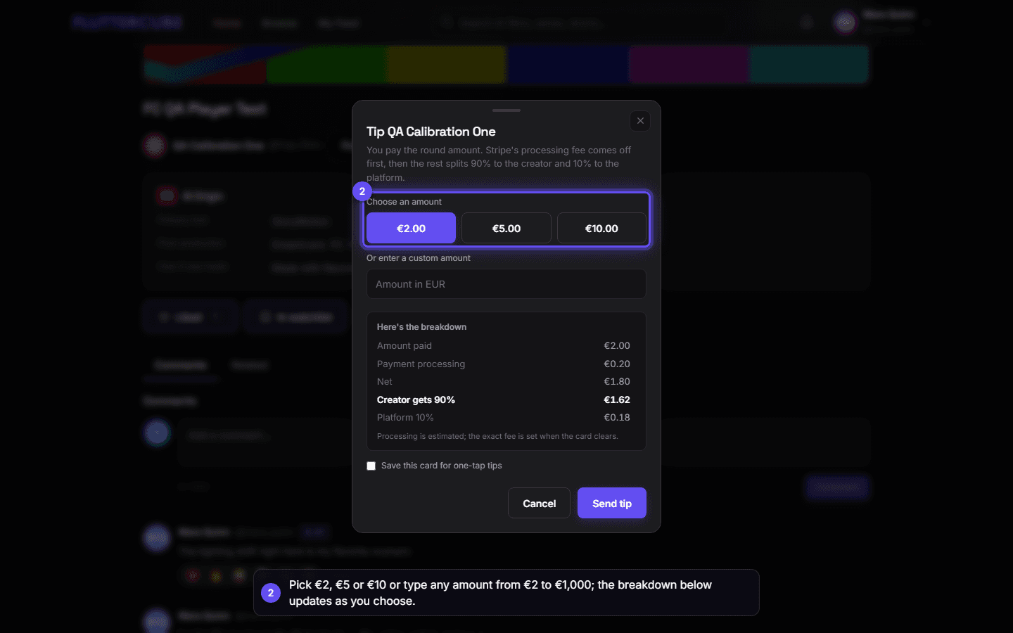 The three presets under Choose an amount, with €2.00 selected and the custom field below them.