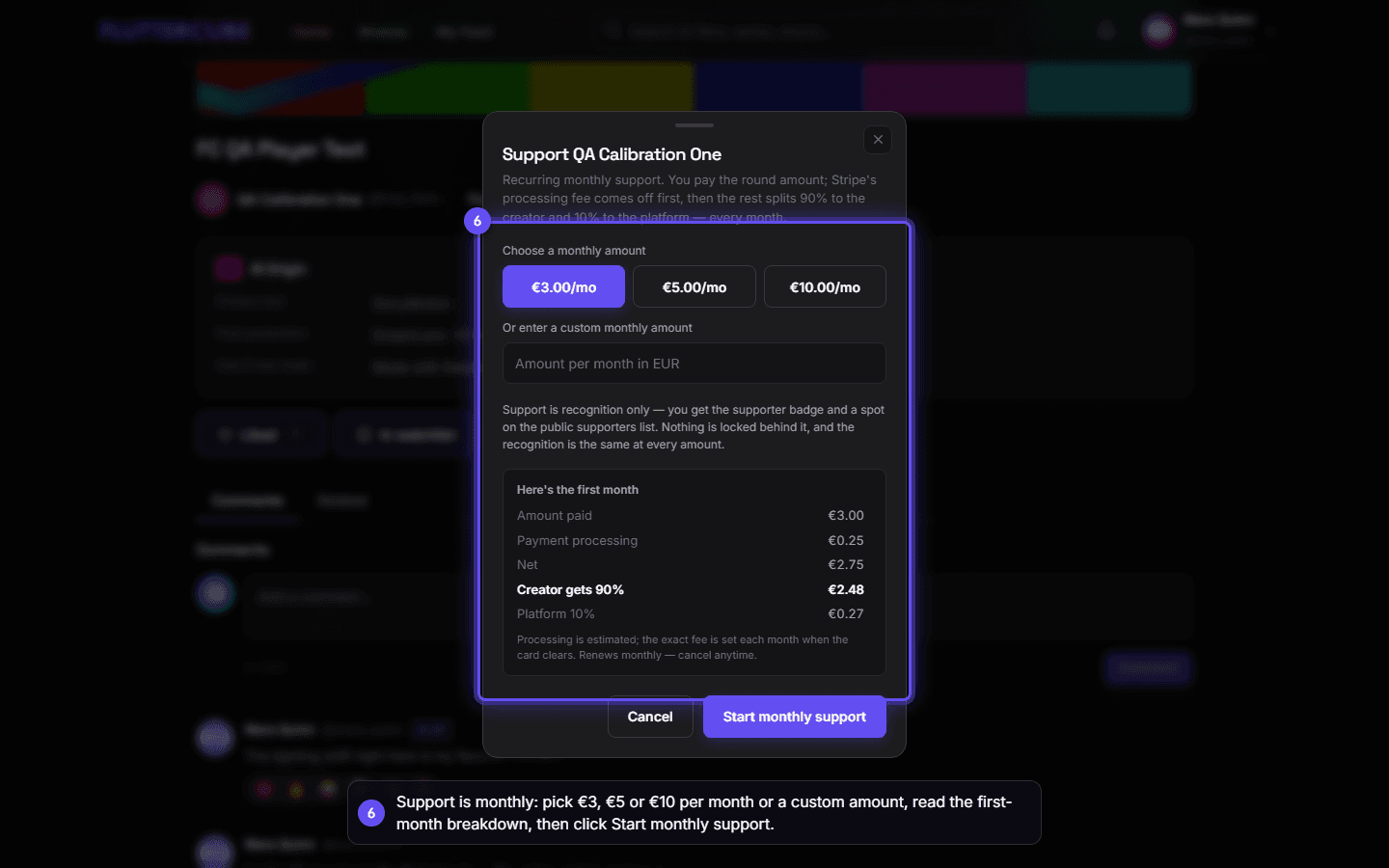 The Support sheet with €3.00/mo selected, the recognition-only note, and the first-month breakdown above Start monthly support.