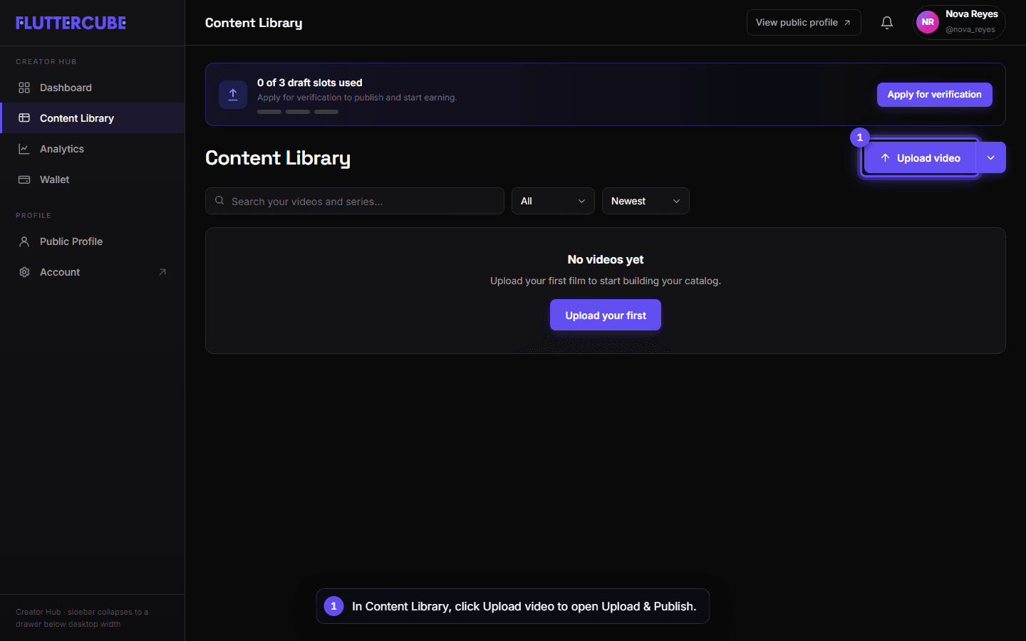 The empty Content Library with the Upload video button highlighted at the top right.