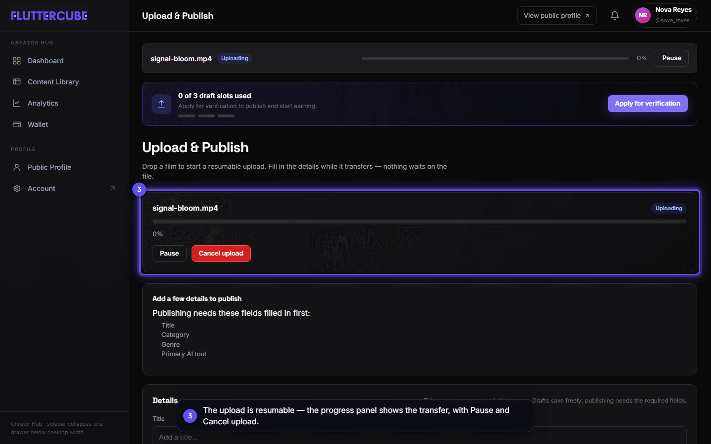 The upload progress panel with the Pause and Cancel upload buttons.