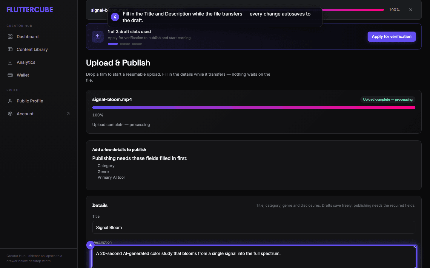 The Details panel with the Title filled in and the Description field highlighted while the draft autosaves.