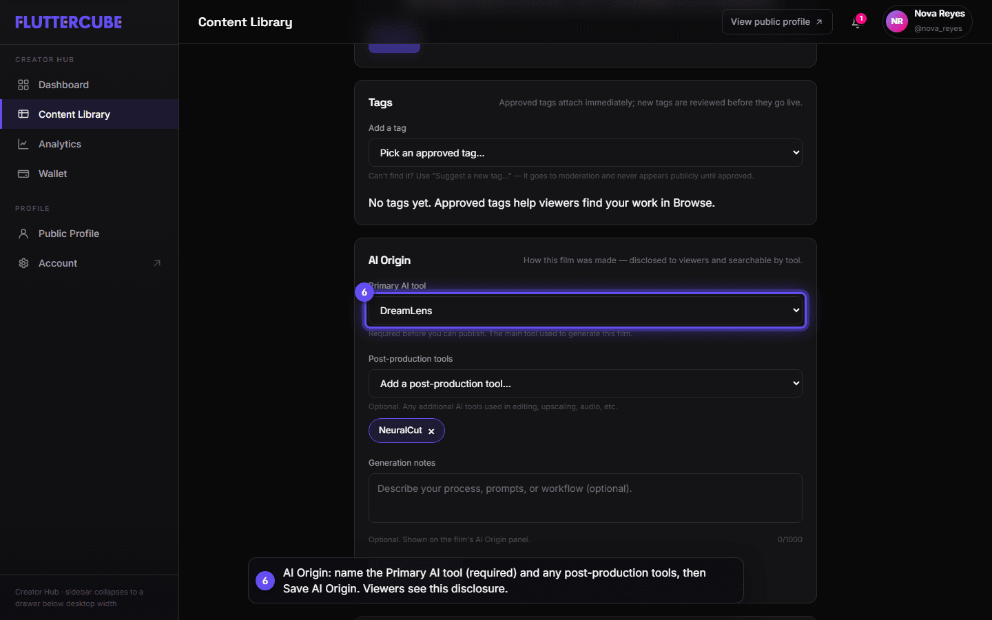 The AI Origin section with the Primary AI tool set and one post-production tool added.