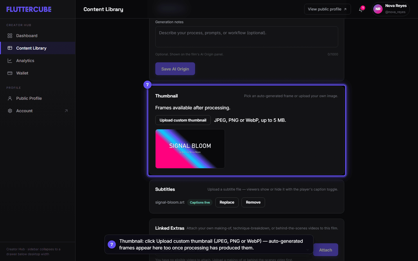 The Thumbnail section with a custom thumbnail uploaded and shown as the current image.