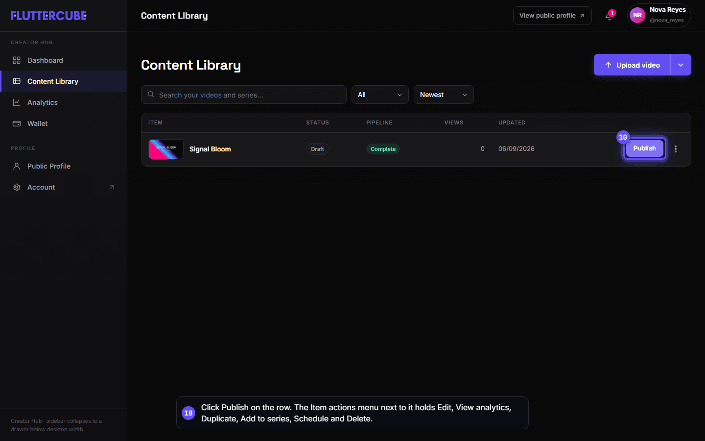 The Content Library row with the Publish button highlighted next to the Item actions menu.