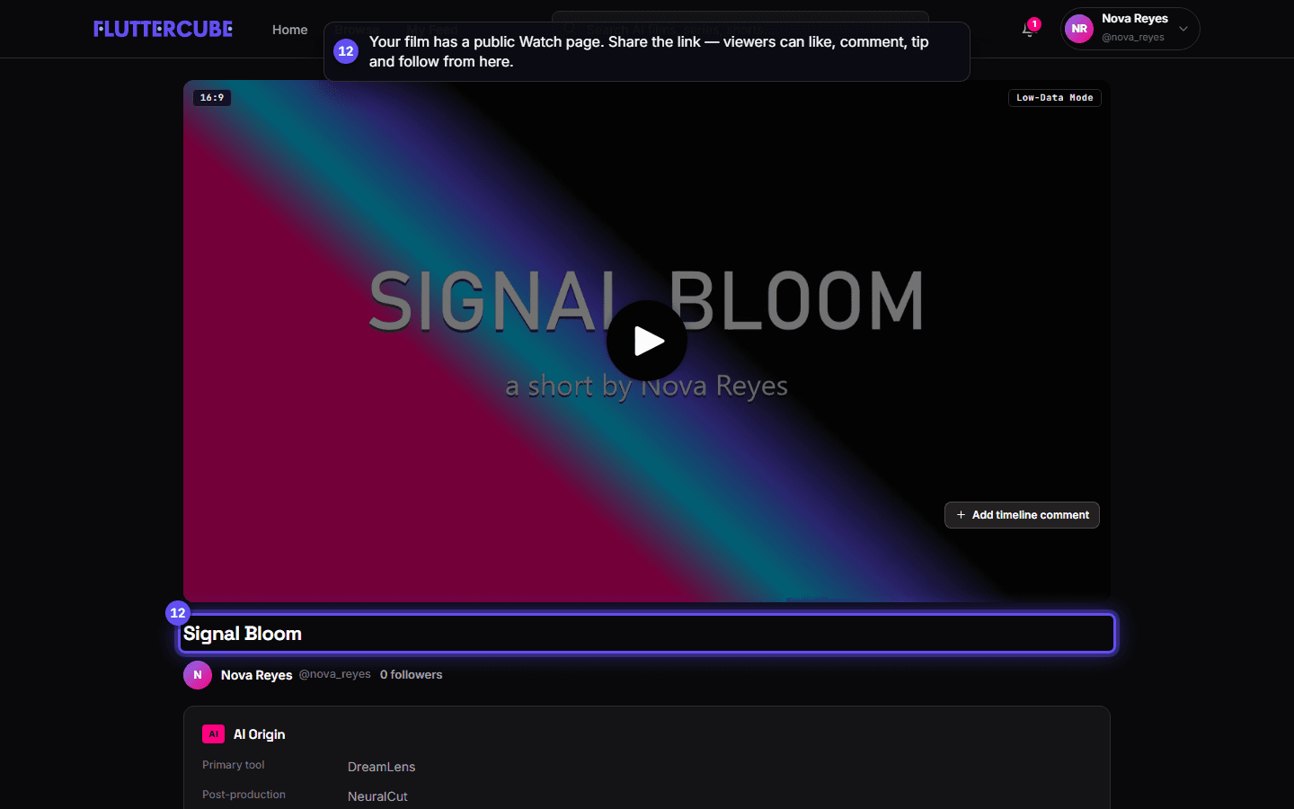 The public Watch page for the published film with the title and the AI Origin panel below the player.