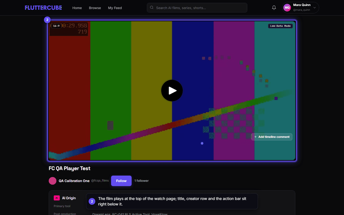 The film fills the top of the watch page, with the title, creator row and AI Origin panel below it.