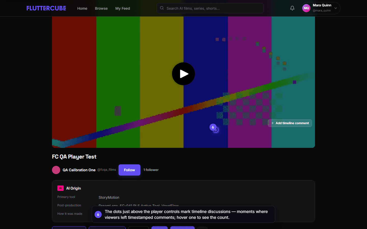 One dot sits on the player's timeline row near 0:37, with Add timeline comment at the bottom right.