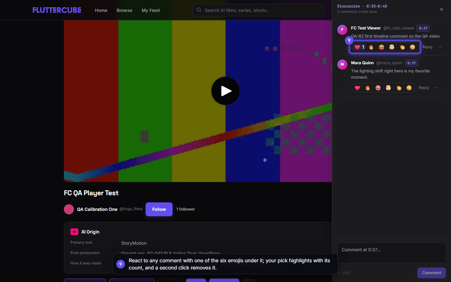 The zone now holds two comments, and the heart under the first one is highlighted with a count of 1.